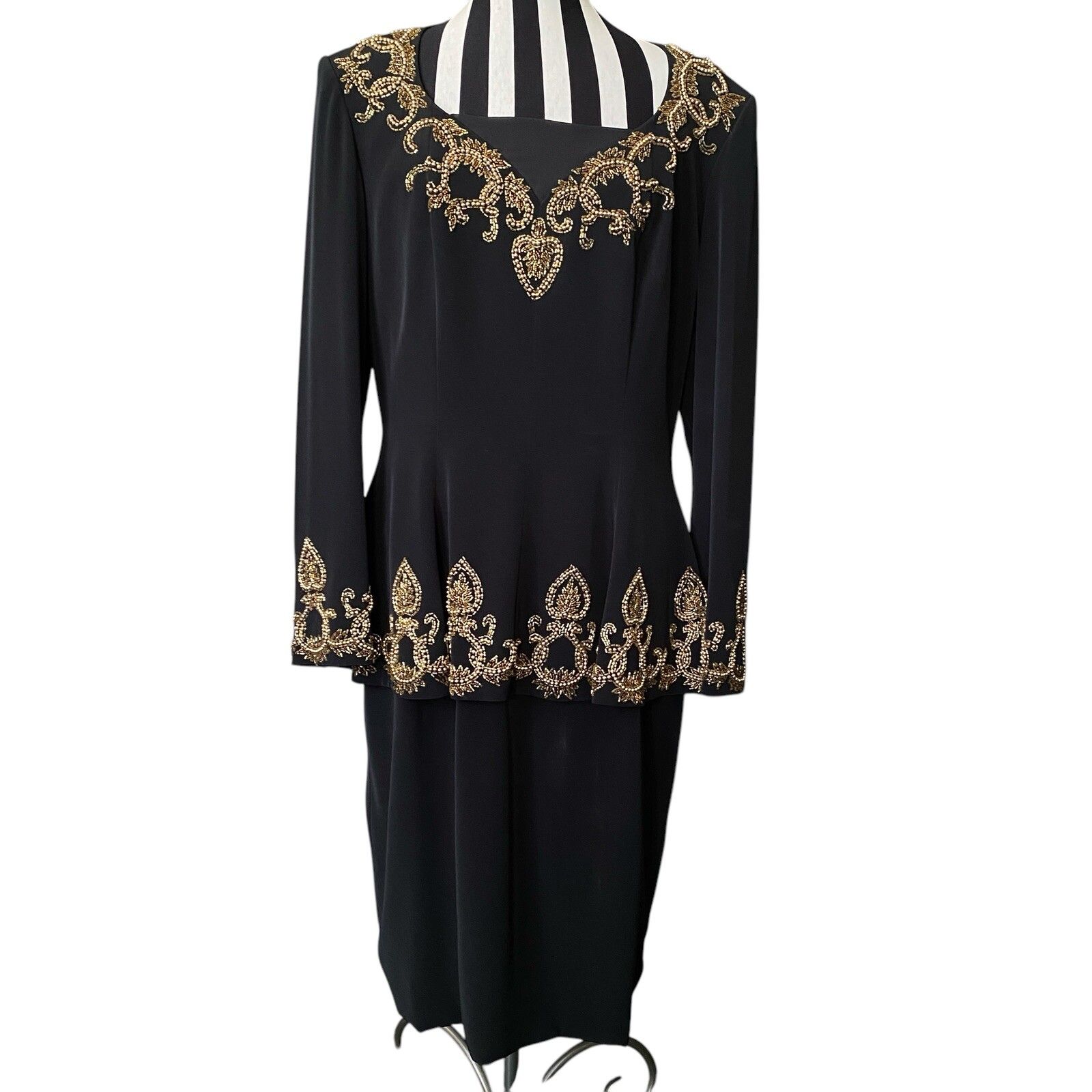 Vtg Black Tie Oleg Cassini Women Dress 16 Black Beaded Cocktail Peplum Midi